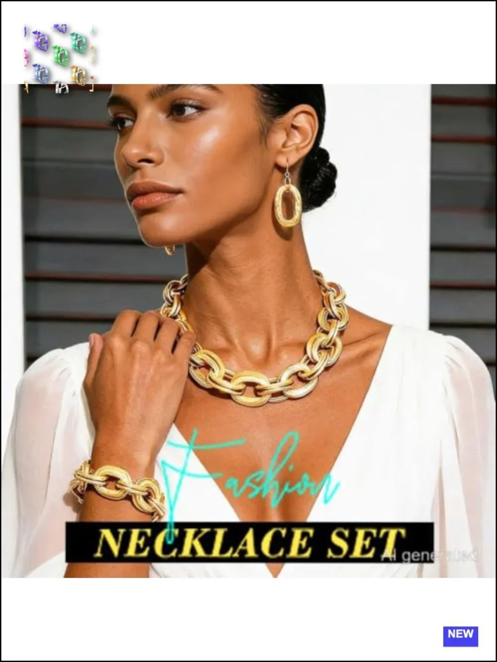 Chunky Gold Chain Jewelry Set - 3Pc Necklace Bracelet Earrings